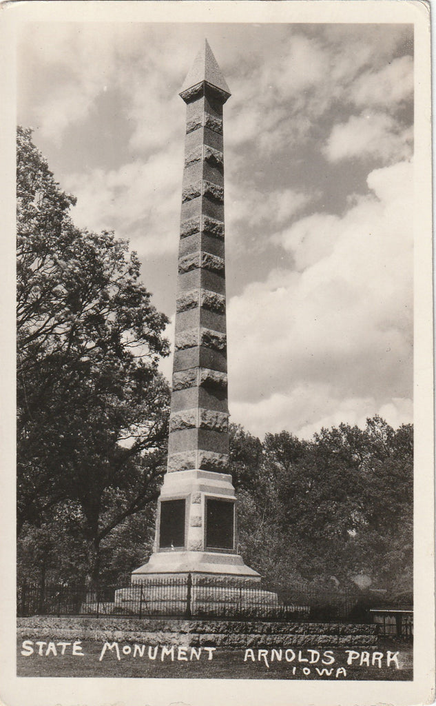 Spirit Lake Massacre Memorial Monument - Arnolds Park, Iowa - RPPC, c. 1910s