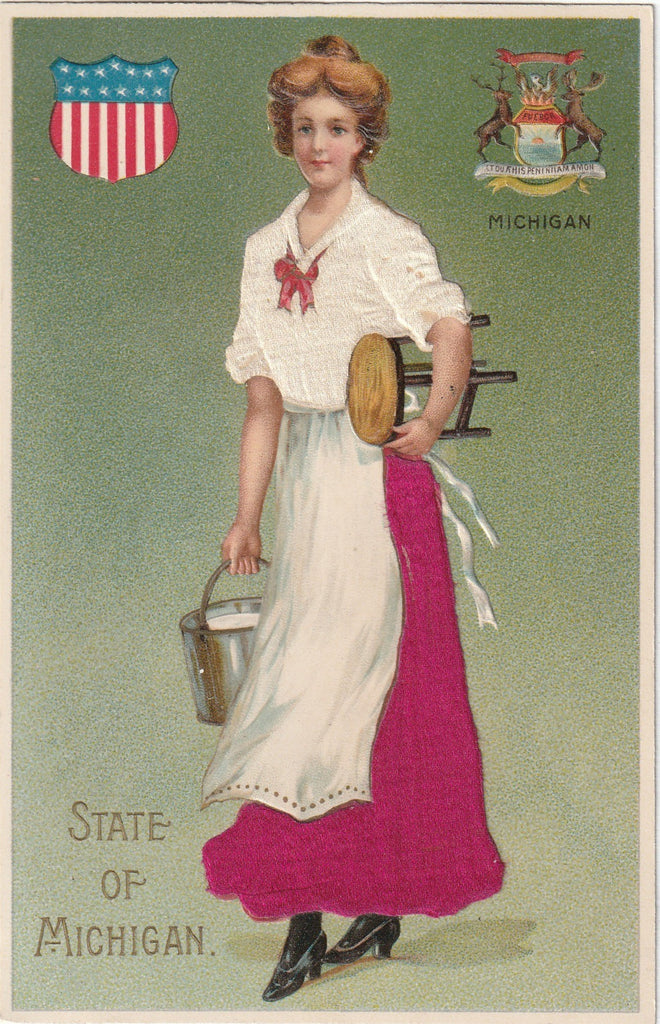 State of Michigan Woman - State Seal - Real Silk Novelty - Postcard, c. 1900s
