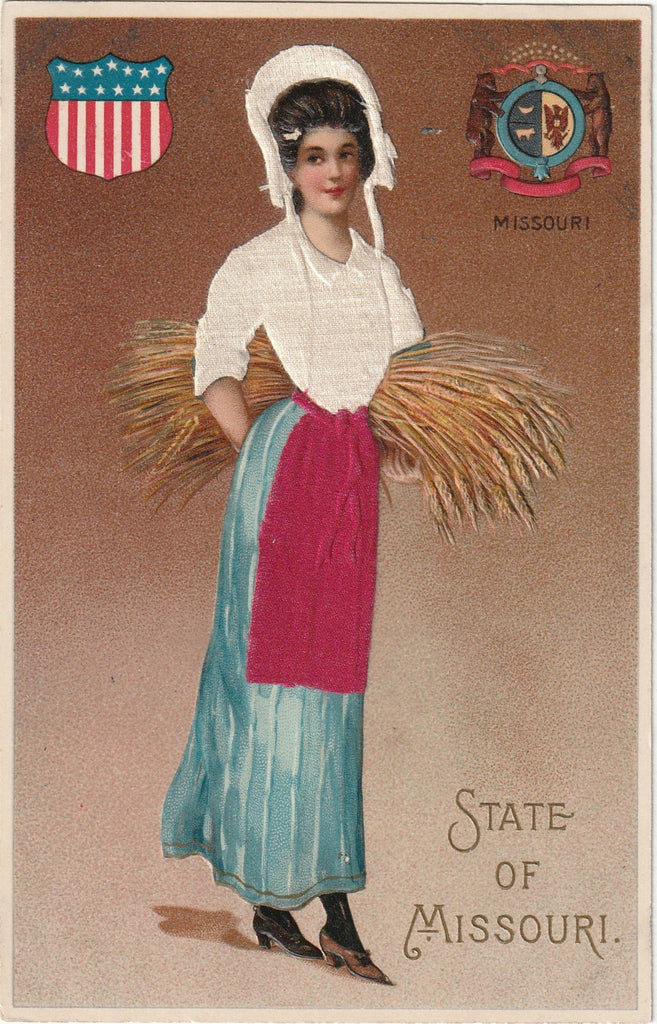State of Missouri Woman - State Seal - Real Sillk Postcard, c. 1900s