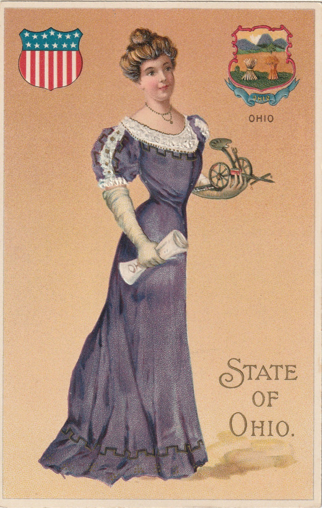 State of Ohio Woman - State Seal - Real Silk Novelty Postcard, c. 1900s