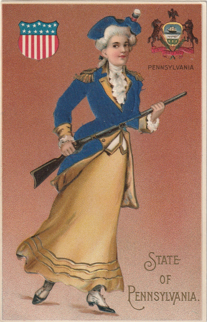 State of Pennsylvania Woman - State Seal - Real Silk Novelty Postcard, c. 1900s