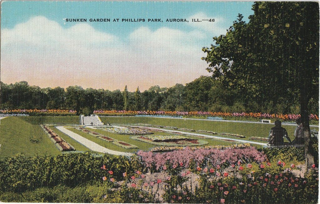 Sunken Garden - Phillips Park, Aurora, Illinois - Postcard, c. 1930s