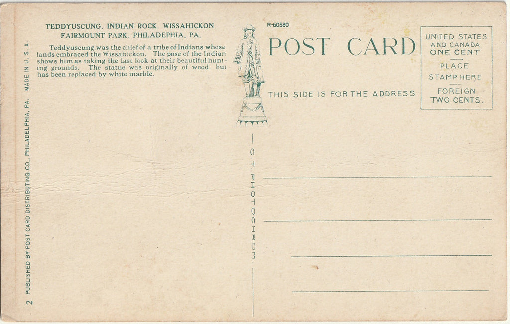 Teddyuscung, Indian Rock Wissahickon - Fairmount Park, Philadelphia, PA - Postcard, c. 1910s