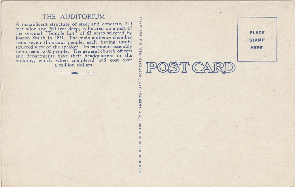 The Auditorium - Reorganized Church of Jesus Christ of Latter Day Saints World Headquarters - Independence, MO - Postcard, c. 1930s
