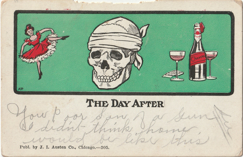The Day After - Skull with Headache - J. I. Austen Co. - Postcard, c. 1900s