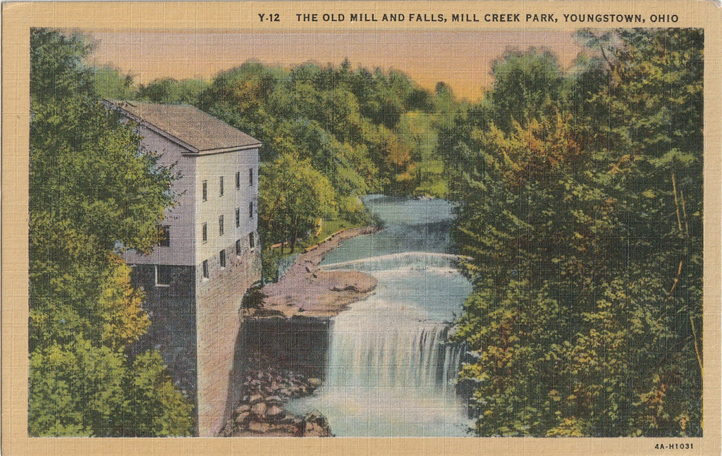 The Old Mill and Falls - Mill Creek Park - Youngstown, OH - Postcard, c. 1940s