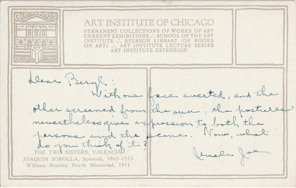 The Two Sisters, Valencia - Joaquin Sorolla - Art Institute of Chicago - Postcard, c. 1930s