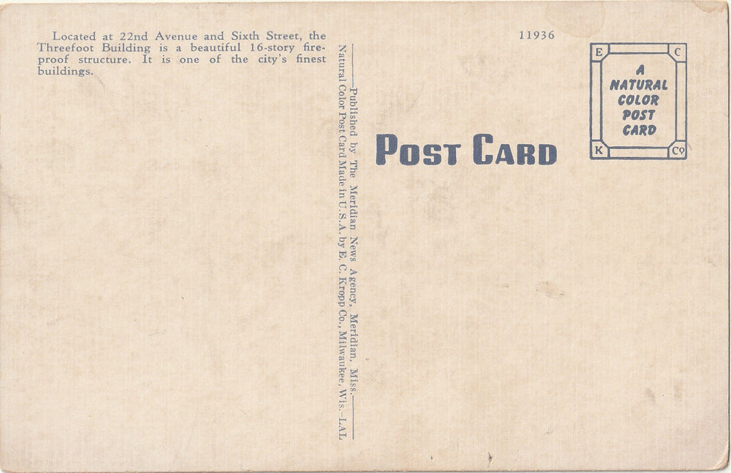 Threefoot Building - Meridian, Mississippi - Postcard, c. 1930s