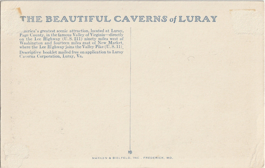 Titania's Veil - Beautiful Caverns of Luray, Virginia - Postcard, c. 1920s
