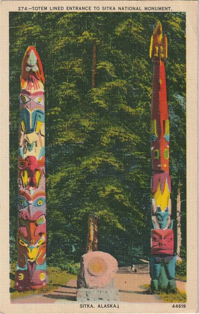 Totem Lined Entrance - Sitka National Monument - Sitka, Alaska - Postcard, c. 1940s