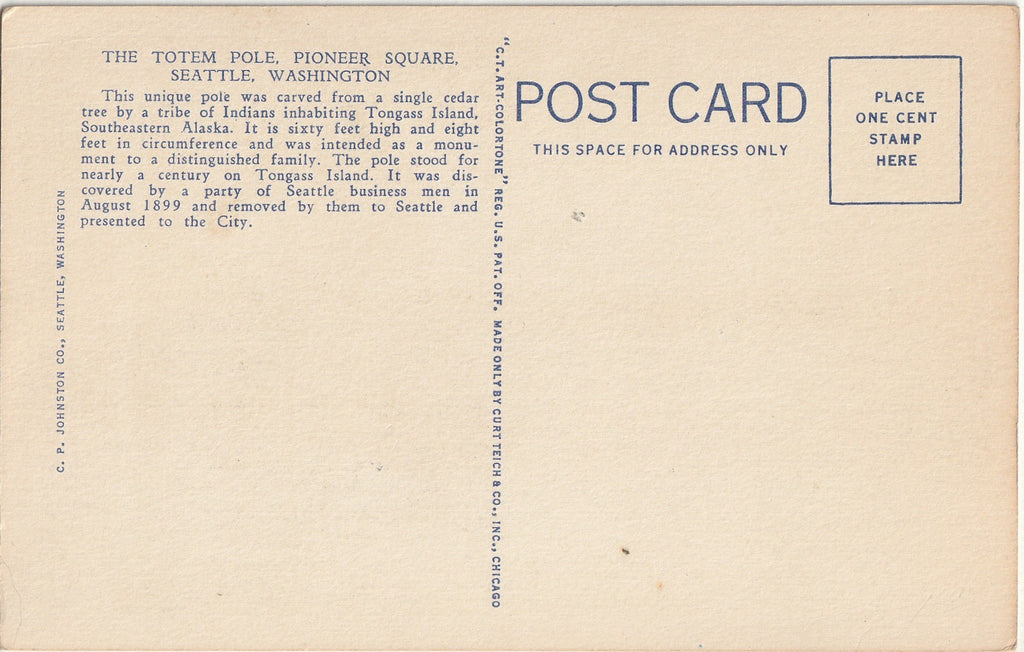 Totem Pole - Pioneer Square - Seattle, Washington - Postcard, c. 1940s