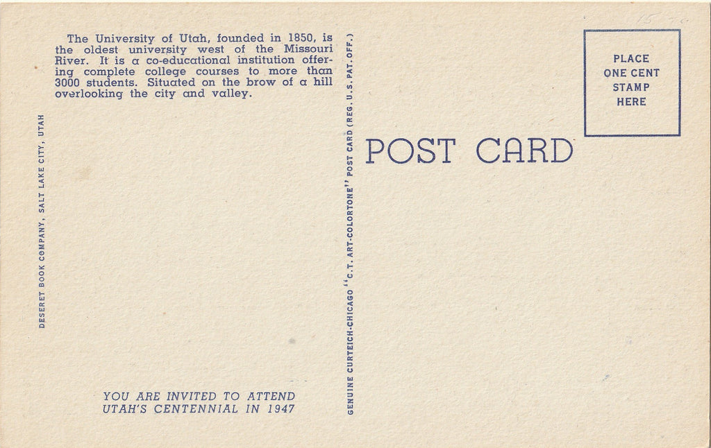 University of Utah Campus - Salt Lake City, Utah - Postcard, c. 1940s