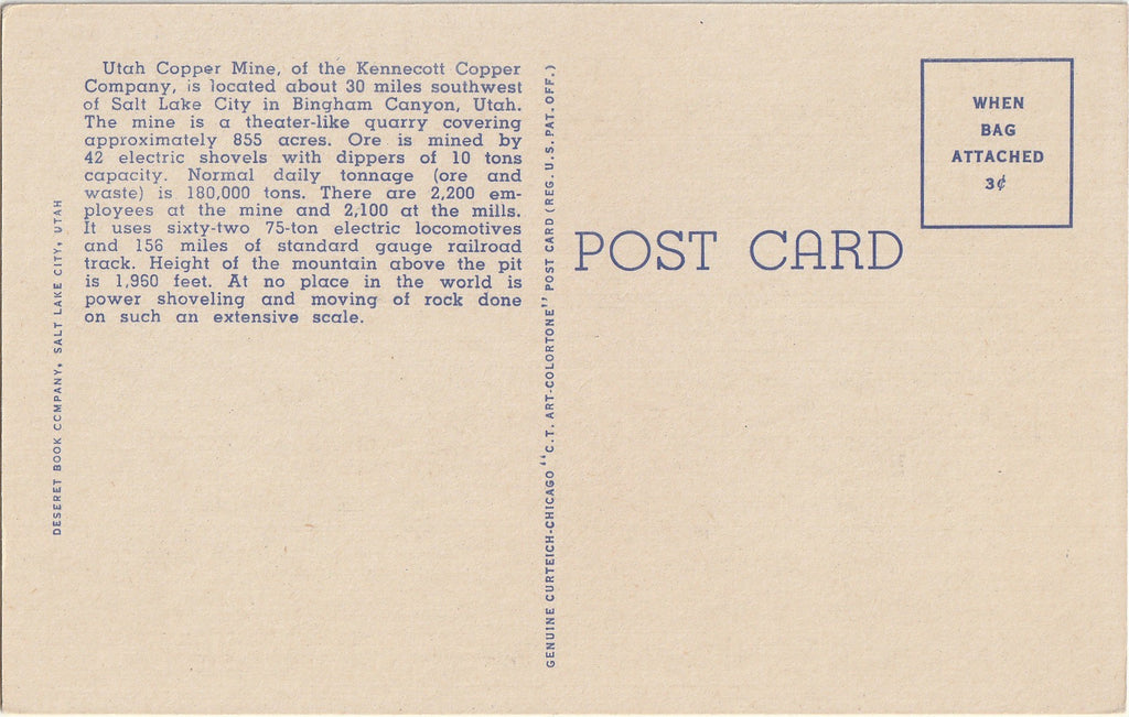 Utah Copper Mine - Bingham Canyon - Salt Lake City, UT - Postcard, c. 1940s