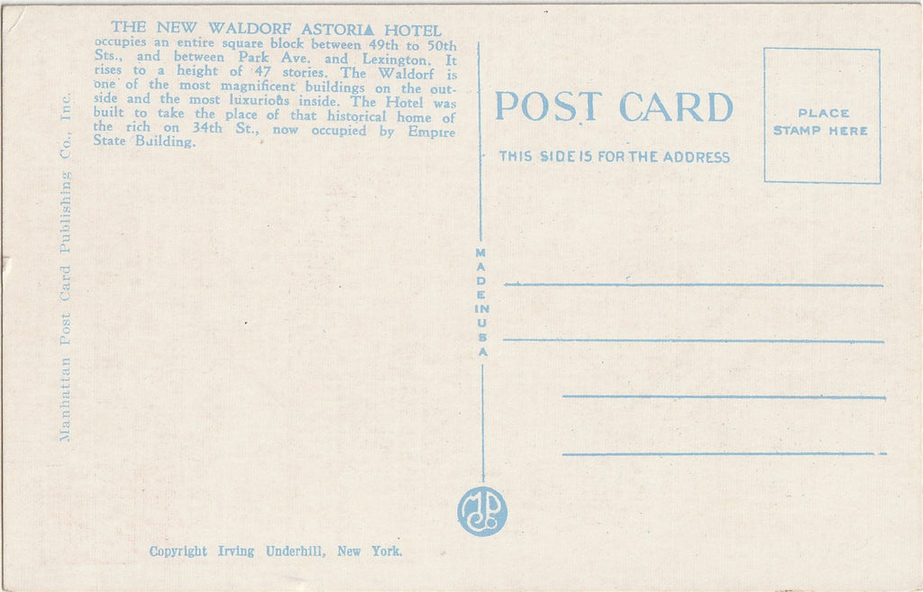 Waldorf Astoria Hotel - New York, NY - Postcard, c. 1920s