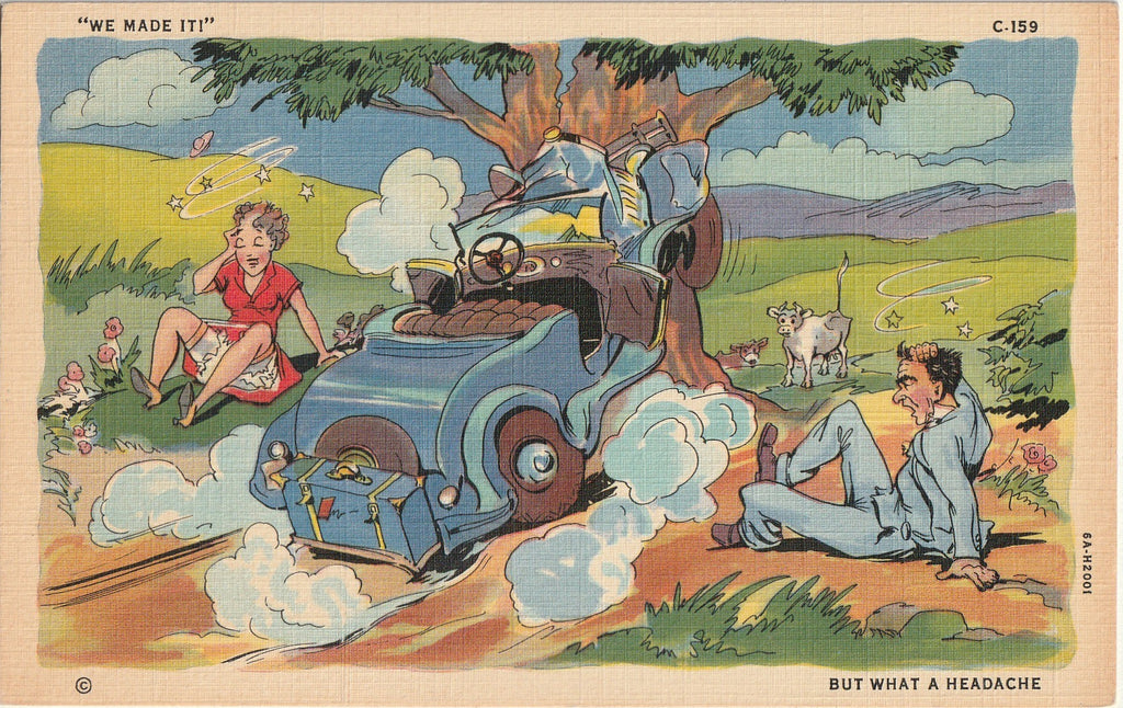 We Made it But What a Headache - Car Wreck - Comic Postcard, c. 1940s
