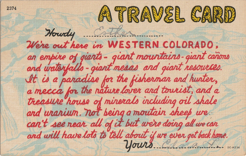 We're Out Here in Western Colorado - A Travel Card - Postcard, c. 1950s
