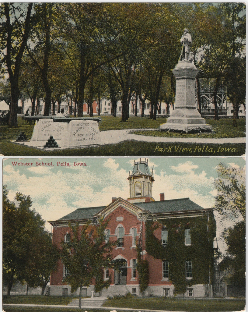 Webster School and Park View - Pella, Iowa - SET of 2 - Postcards, c. 1910s
