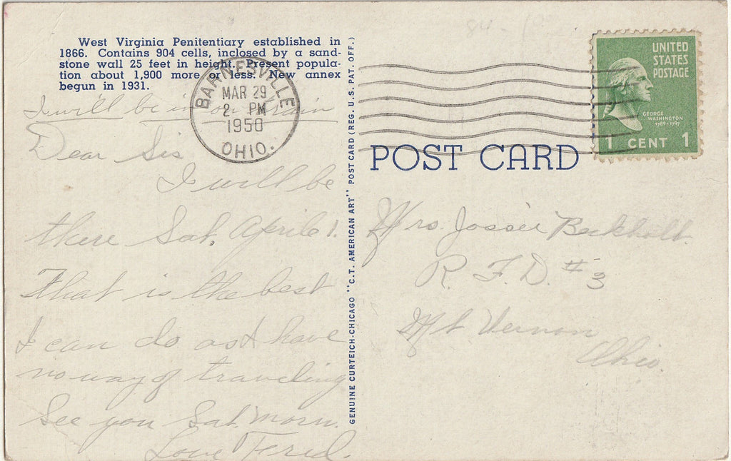 West Virginia Penitentiary - Moundsville, West Virginia - Postcard, c. 1950s