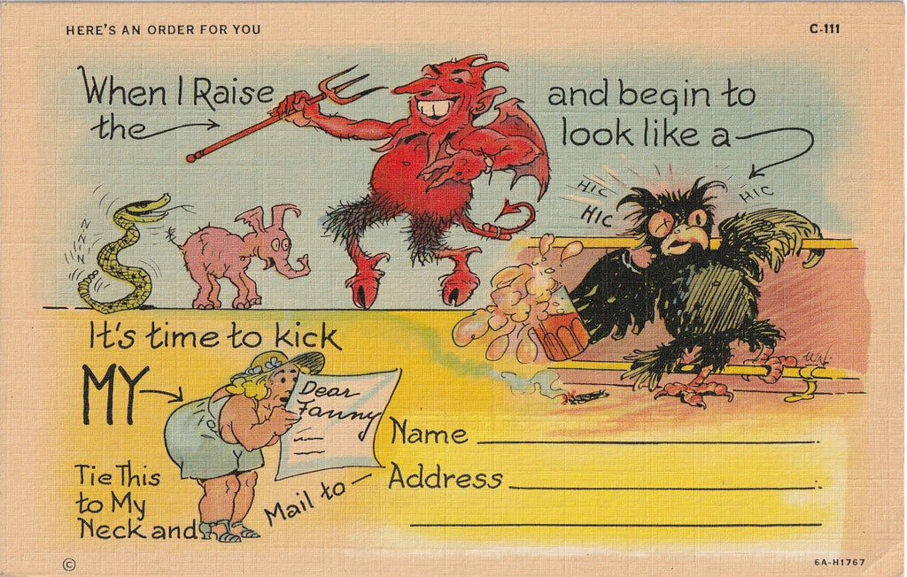 When I Raise the Devil and Begin to Look Like A Night Owl - C. T. Address Comics - Reebus Postcard, c. 1950s