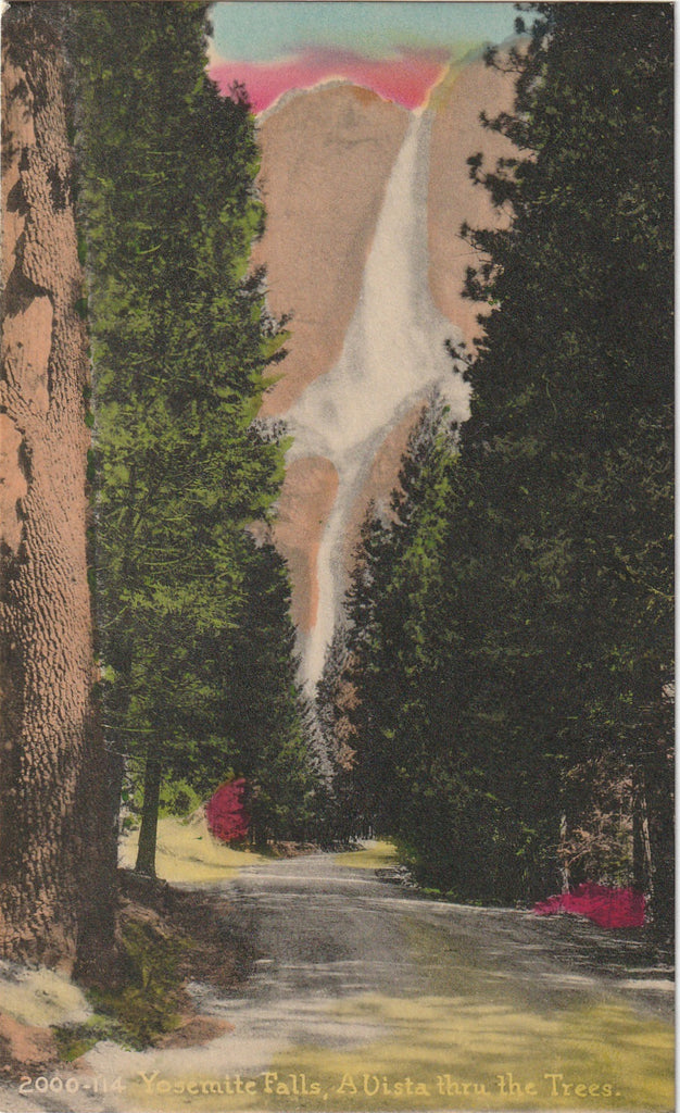 Yosemite Falls, A Vista Through The Trees - Hand-Colored Postcard, c. 1930s