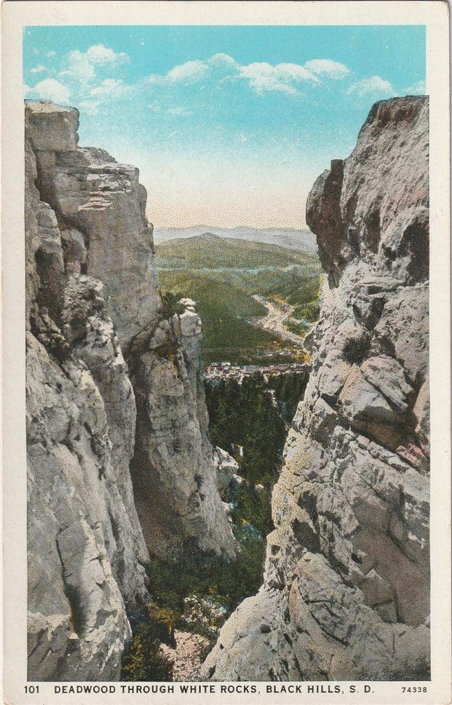 Deadwood Through White Rocks, Black Hills, S.D. Postcard