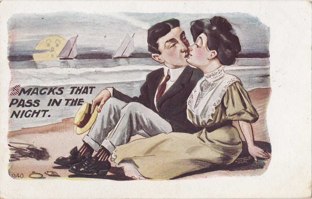 Smacks That Pass In The Night- 1900s Antique Postcard- Edwardian Romance- Kissing Couple- H. H. Tammen- Art Comic- Used