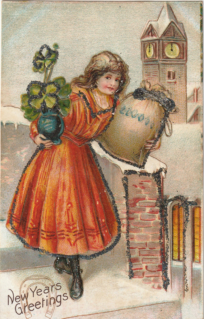 2 Million Gold Coins and Giant Four-Leaf Clover - New Years Greetings - Postcard, c. 1900s