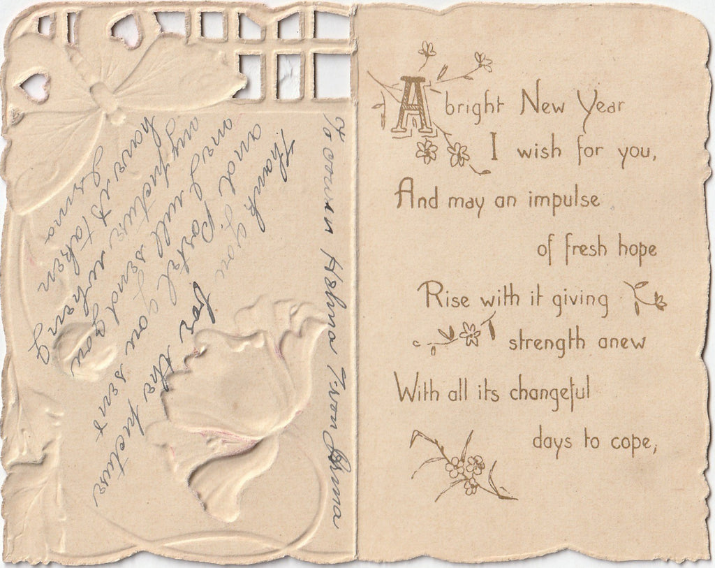 A Bright New Year Wish- Art Nouveau Poppies and Butterfly - Card, c. 1900s