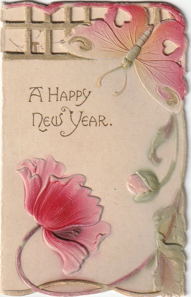 A Bright New Year Wish- Art Nouveau Poppies and Butterfly - Card, c. 1900s