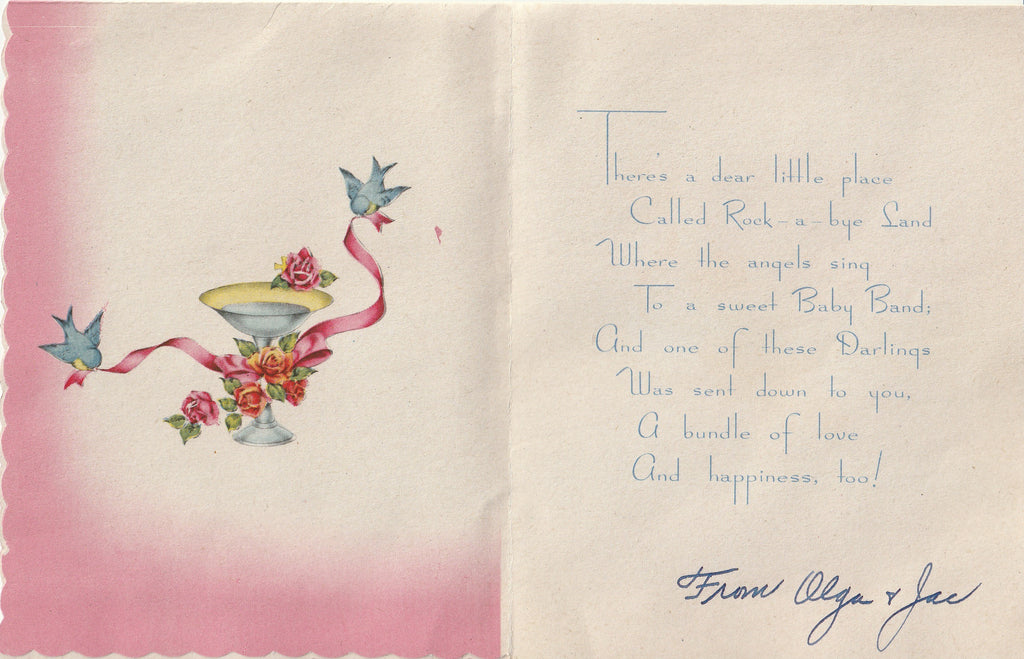 A New Little Darling From Rock-a-bye Land - Congratulations - Card, c. 1940s Inside