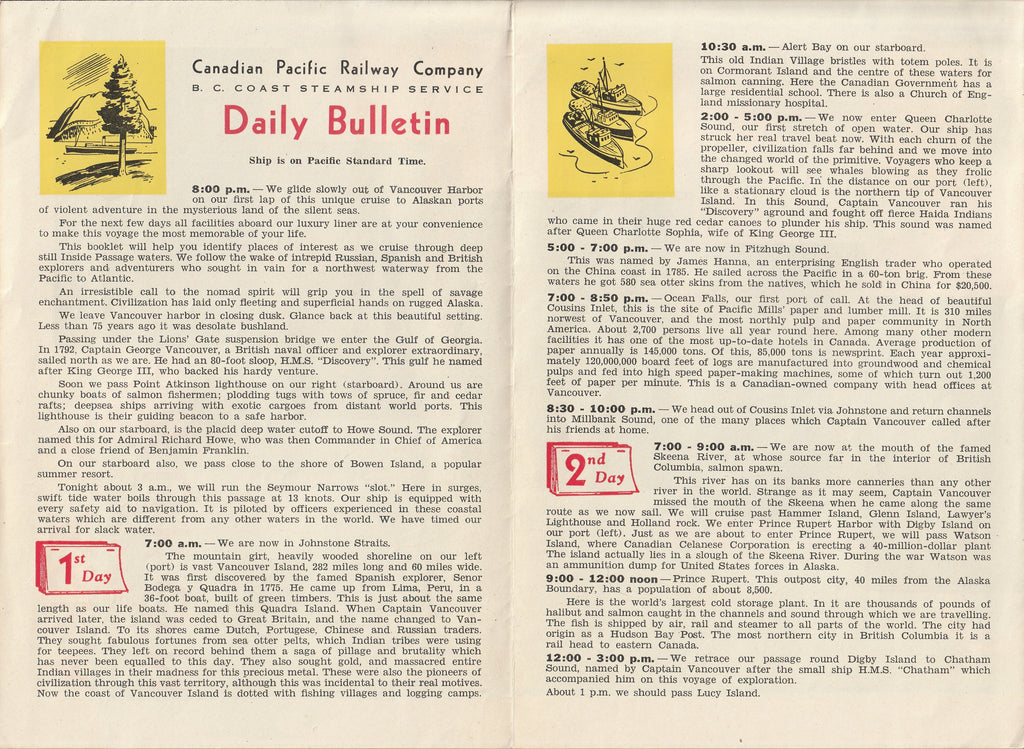 Alaska Daily Bulletin - Canadian Pacific B. C. Coat Steamship Service - Travel Brochure and Map, c. 1930s 2