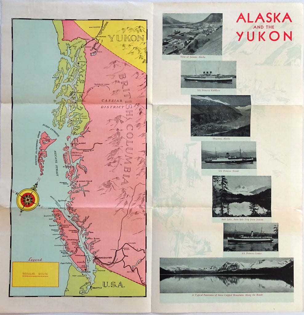 Alaska Daily Bulletin - Canadian Pacific B. C. Coat Steamship Service - Travel Brochure and Map, c. 1930s Unfolded