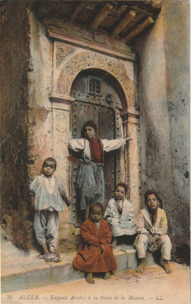 Algiers Arab Children at Door Antique Postcard