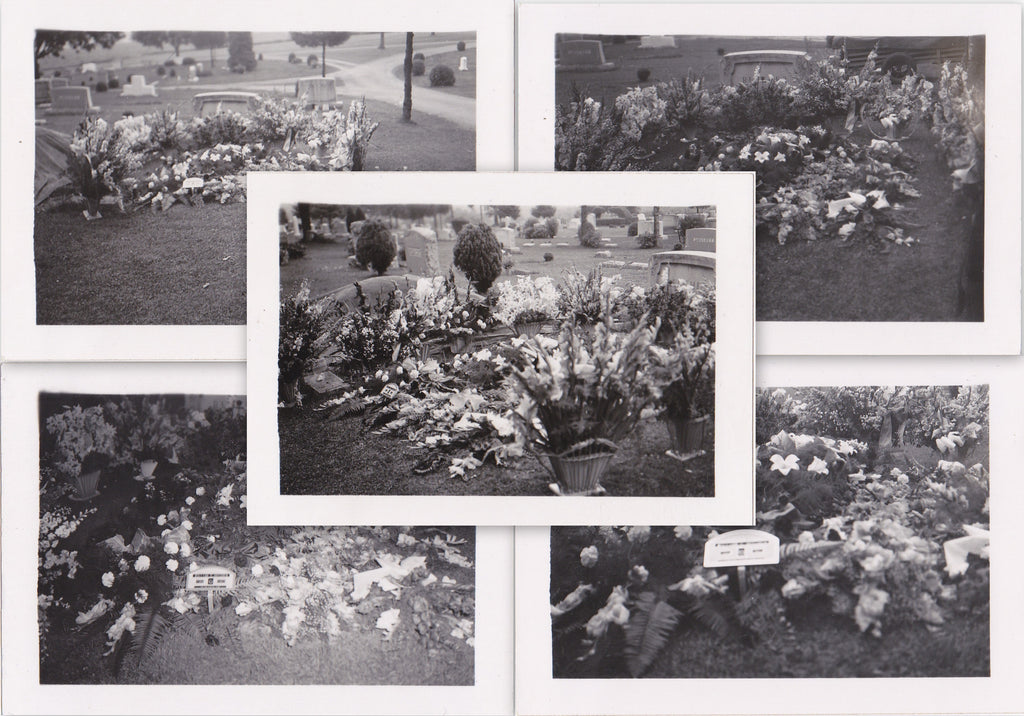 RIP William Reecher- 1940s Vintage Photographs- SET of 5- Funeral FLowers- Cemetery Photo- Headstone Memorial- Graveyard