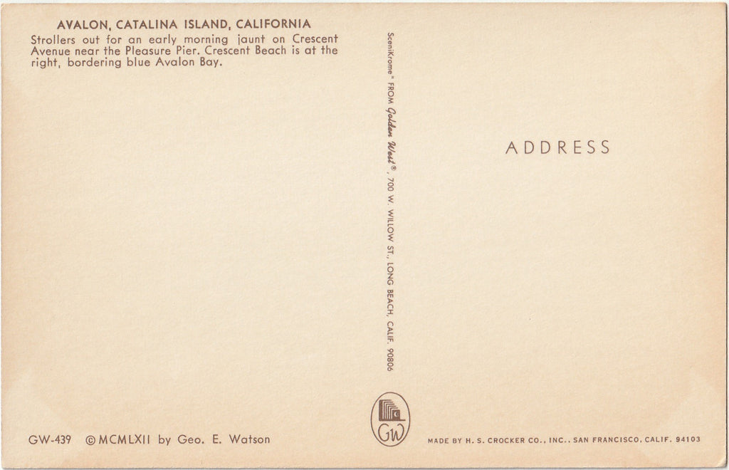 Avalon, Catalina Island, California - Scenikrome Postcard, c. 1960s Back