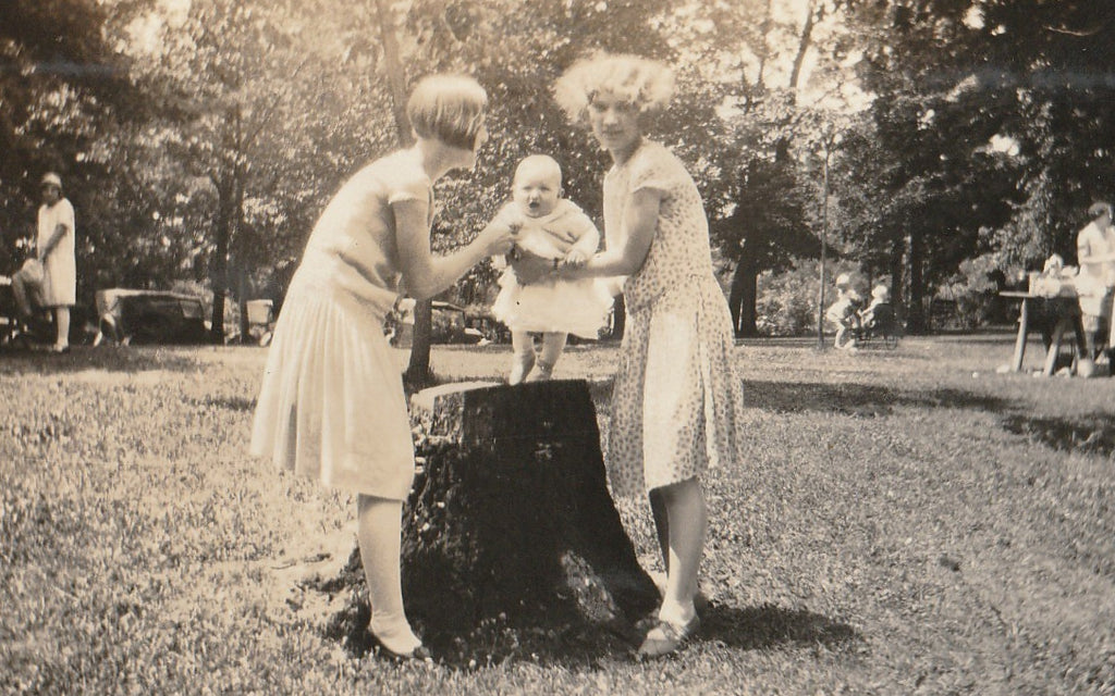 Baby on Tree Stump 1920s Snapshot Close Up