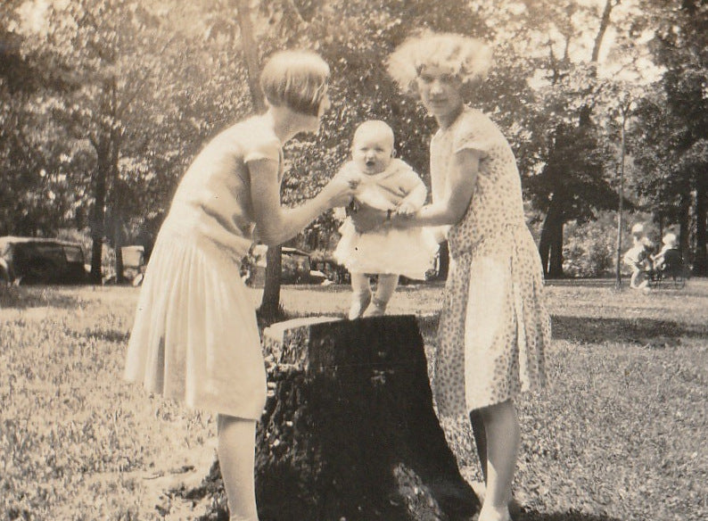 Baby on Tree Stump 1920s Snapshot Close Up 2