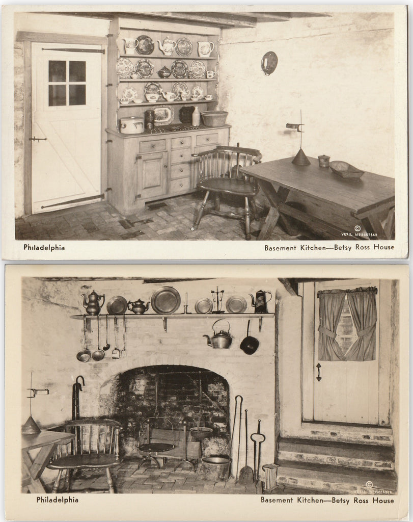 Basement Kitchen, Betsy Ross House - Philadelphia, PA - SET of 2 - RPPCs, c. 1940s