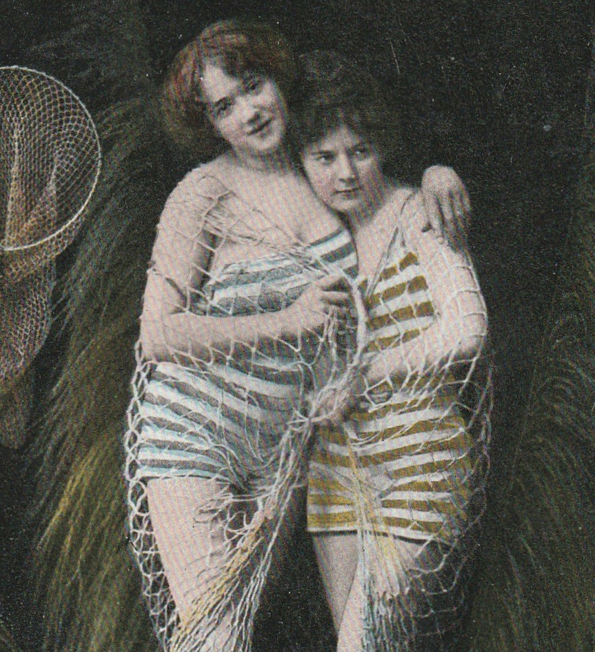 Bathing Beauties in Fishnets - Edwardian Risque - K. V. i. B. - Postcard, c. 1900s Close Up