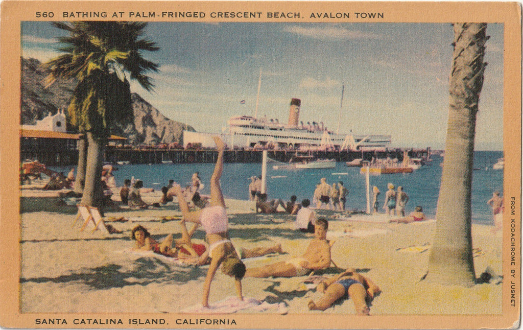 Bathing at Crescent Beach, Avalon Town - Santa Catalina Island, California - Postcard, c. 1940s