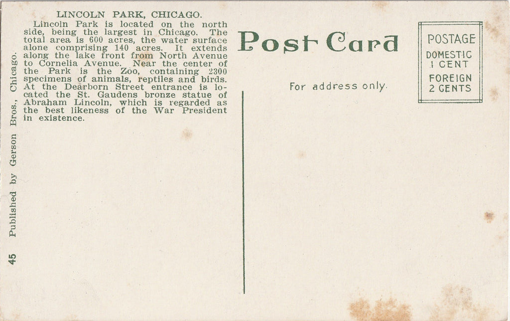 Bear Pits Lincoln Park Zoo Antique Postcard Back