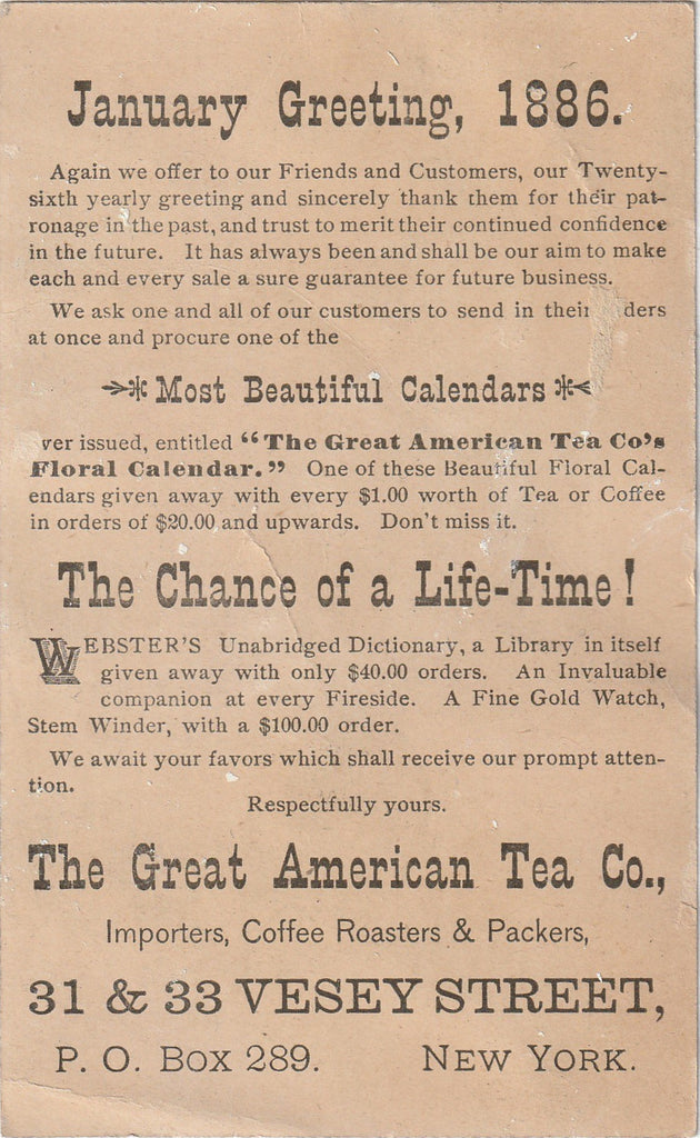 Becalmed - January Greeting 1886 - Great American Tea Co. - Trade Card, c. 1886
