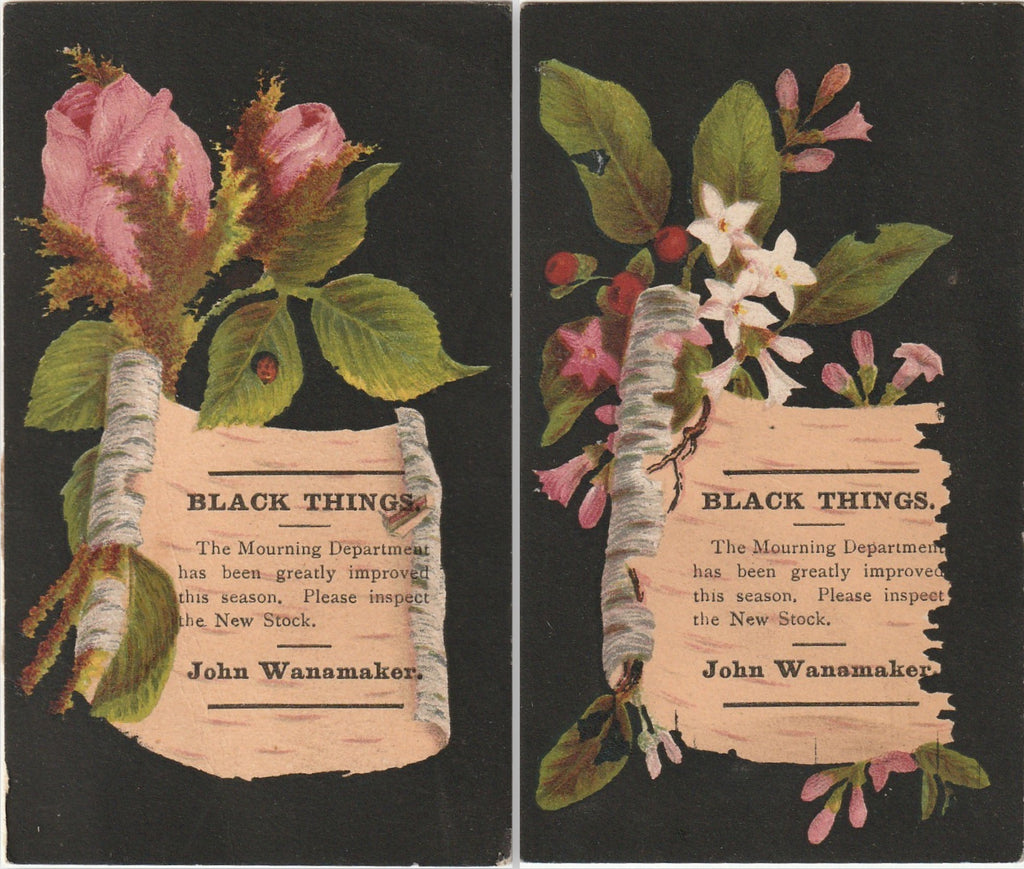 Black Things - Mourning Department - John Wanamaker - SET of 2 - Victorian Trade Cards, c. 1800s