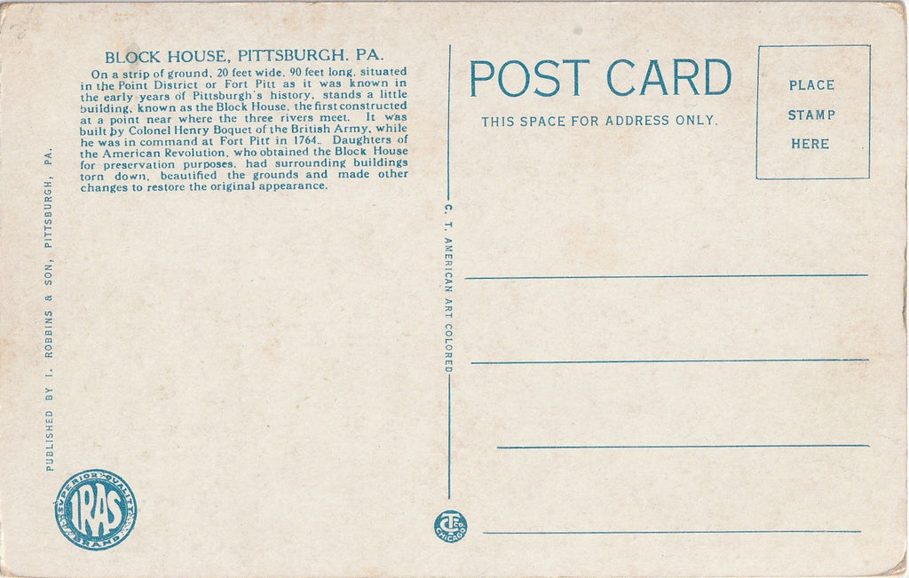 Block House Pittsburgh PA Antique Postcard Back