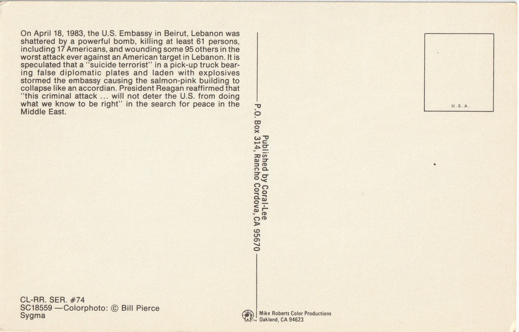 Bombing of U.S. Embassy in Beirut, Lebanon - April 18, 1983 - Chrome Postcard, c. 1983 Back