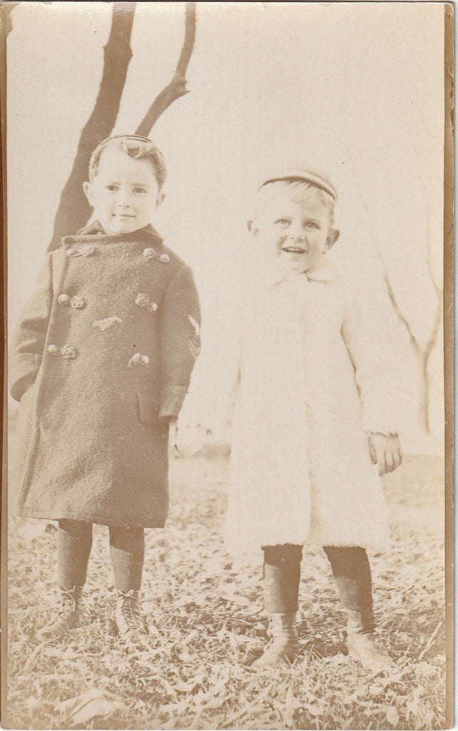 Boyhood Pals in Winter - Navy Peacoat - RPPC, c. 1910s