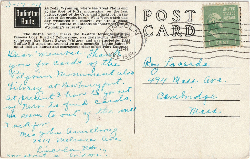 Buffalo Bill Memorial - Cody, WY - Burlington Route - Postcard, c. 1940s Back