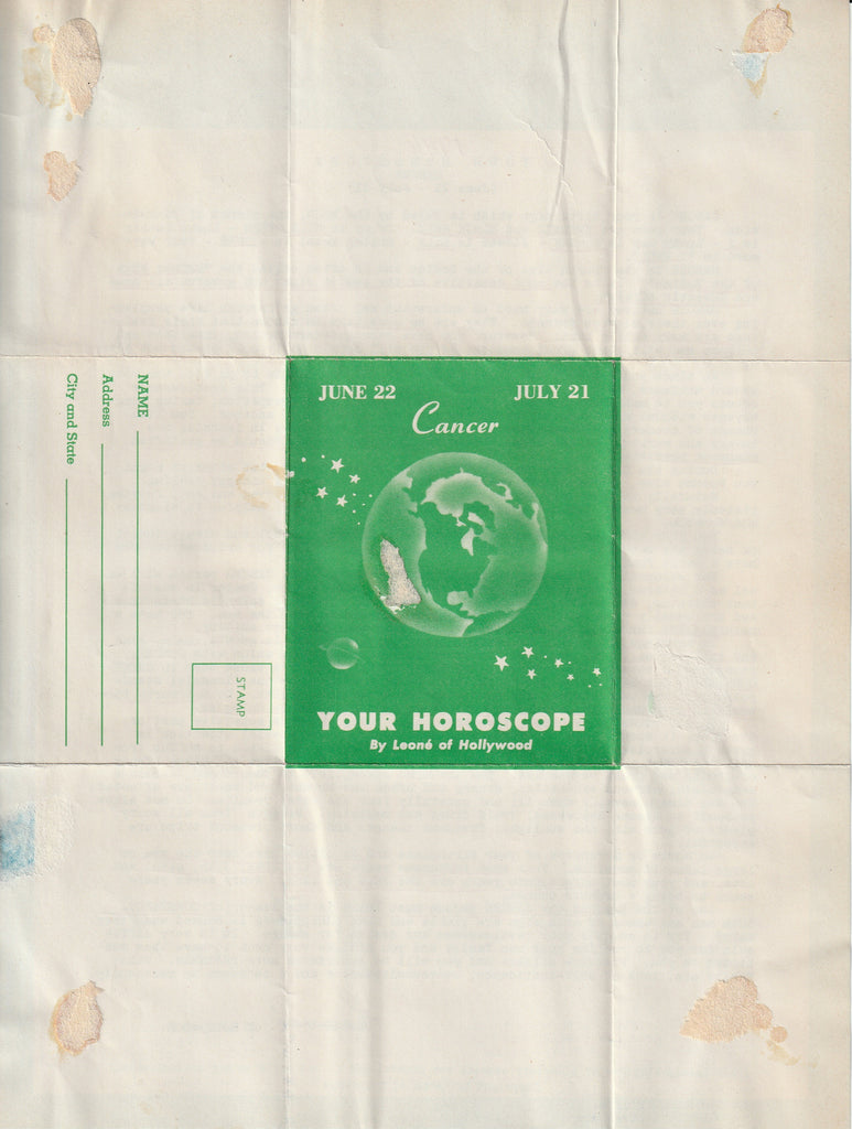 Cancer - Your Horoscope by Leoné of Hollywood - Pamphlet, c. 1940s Back