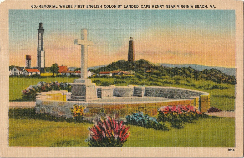 Captain John Smith Memorial - Where Jamestown Settlers First Landed - Cape Henry, Virginia Beach, VA - Postcard, c. 1940s