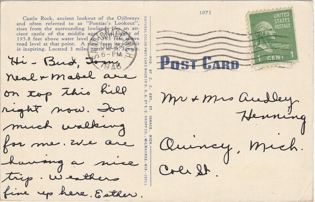 Castle Rock - St. Ignace, Michigan - Postcard, c. 1940s Back